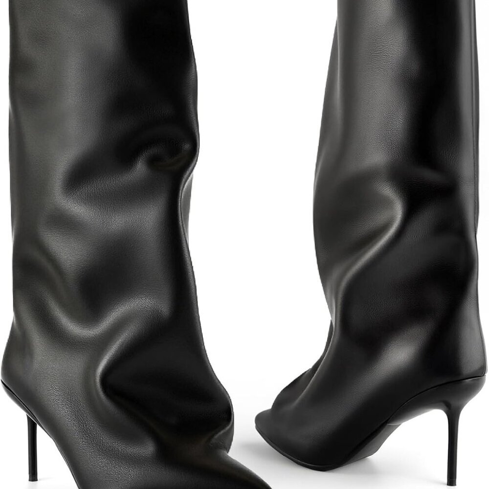 Women Slouchy Knee High Boots Waterproof Pu Leather Pointed Toe Stiletto